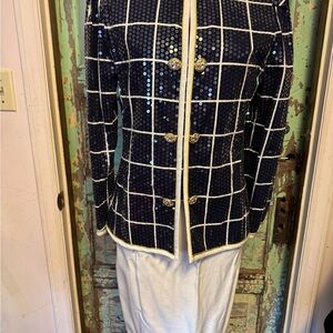 Vintage 1980’s Union Made Elegant Navy Sequin Blazer and Skirt with Gold Accents
